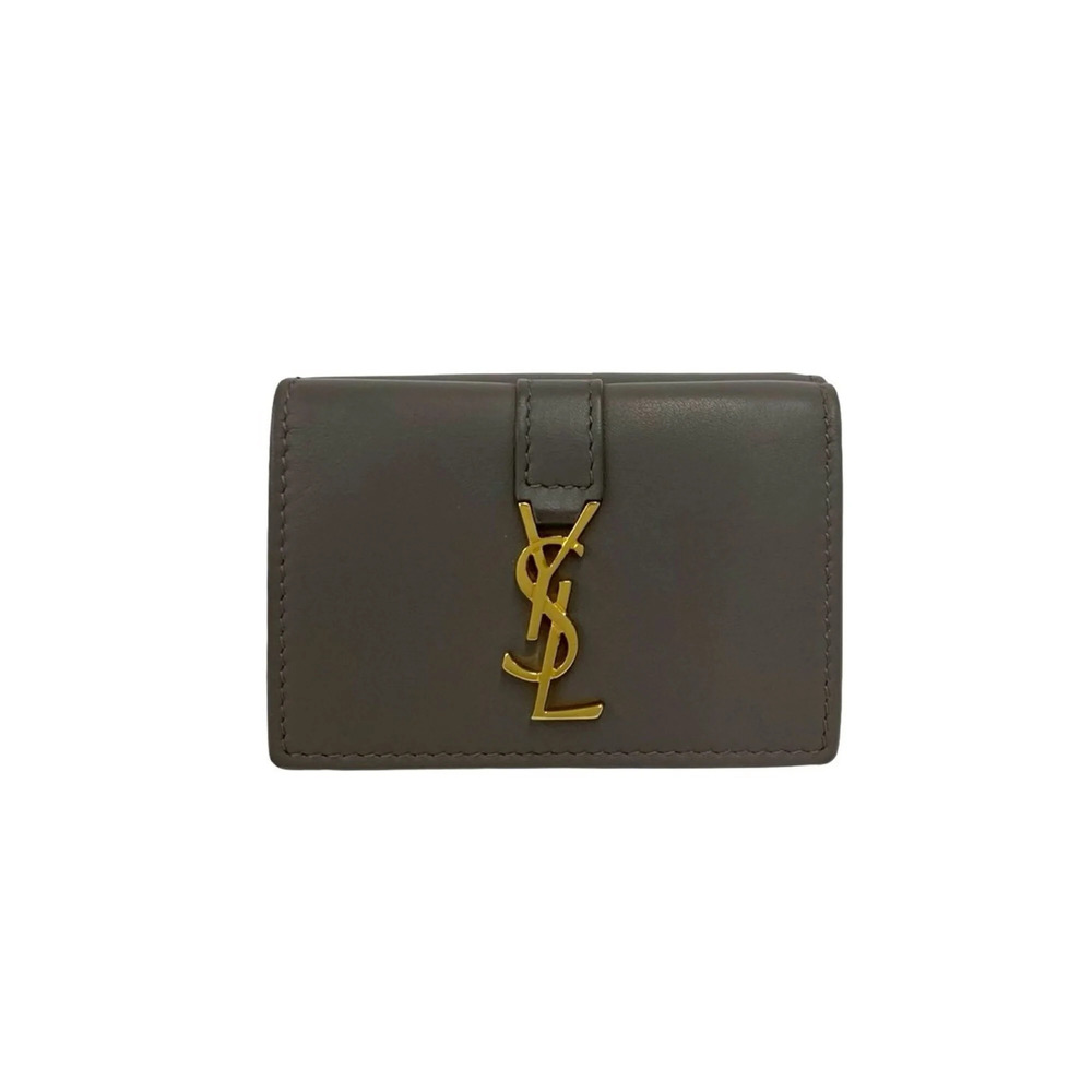 YVES SAINT LAURENT Origami Tiny Wallet YSL Logo Hardware Leather Tri-fold Gra...